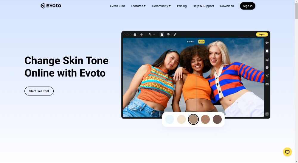 Evoto.ai&nbsp;Web Screenshot EN - Skin Color Changer