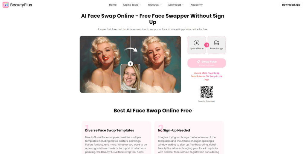 หน้าจอเว็บไซต์ BeautyPlus AI Face Swap